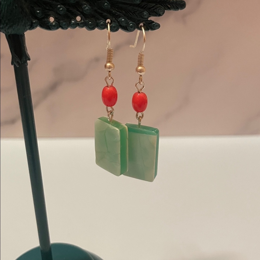 HANDMADE by ME Sorelle Designs Jade Like Rectangle dangle earrings orange bead